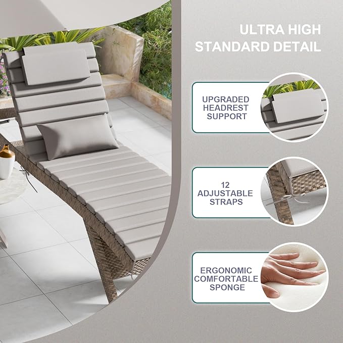 2 Sets of Outdoor Water-Resistant Olefin Chaise Lounge Cushions with Headrest and Pillow, Weather and Fade Resistant Foldable Quilted Lounge Chair Pads with Straps, Light Gray, 73" L x 22" W
