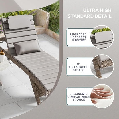 2 Sets of Outdoor Water-Resistant Olefin Chaise Lounge Cushions with Headrest and Pillow, Weather and Fade Resistant Foldable Quilted Lounge Chair Pads with Straps, Light Gray, 73" L x 22" W