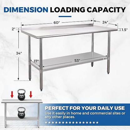 Profeeshaw Stainless Steel Prep Table 24''x60'' Workbench with Backsplash | NSF Commercial Metal Work Table, with Undershelf, Heavy Duty Table, for Kitchen, Restaurant, Home, Gargae and Hotel, 18-gauge
