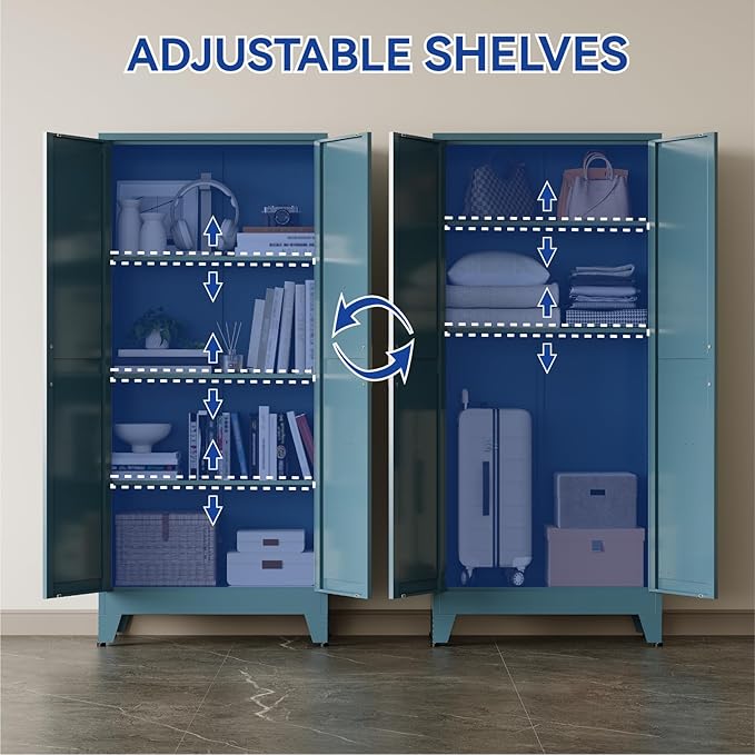 COFaR 61'' Tall Metal Storage Cabinet, Farmhouse Kitchen Pantry Cabinet with Doors and 3 Adjustable Shelves, Metal Pantry Storage Cabinets for Kitchen, Laundry, Peacock Blue 4-Tier