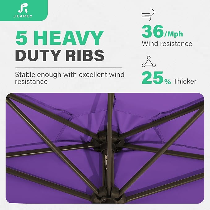 JEAREY 9ft Half Umbrella Outdoor Patio Umbrella Market Umbrellas with Crank, 1/2 Round Wall Umbrella 5 Sturdy Ribs UV Protection for Pool Garden Balcony Deck, Grape Purple