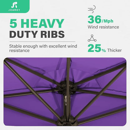 JEAREY 9ft Half Umbrella Outdoor Patio Umbrella Market Umbrellas with Crank, 1/2 Round Wall Umbrella 5 Sturdy Ribs UV Protection for Pool Garden Balcony Deck, Grape Purple