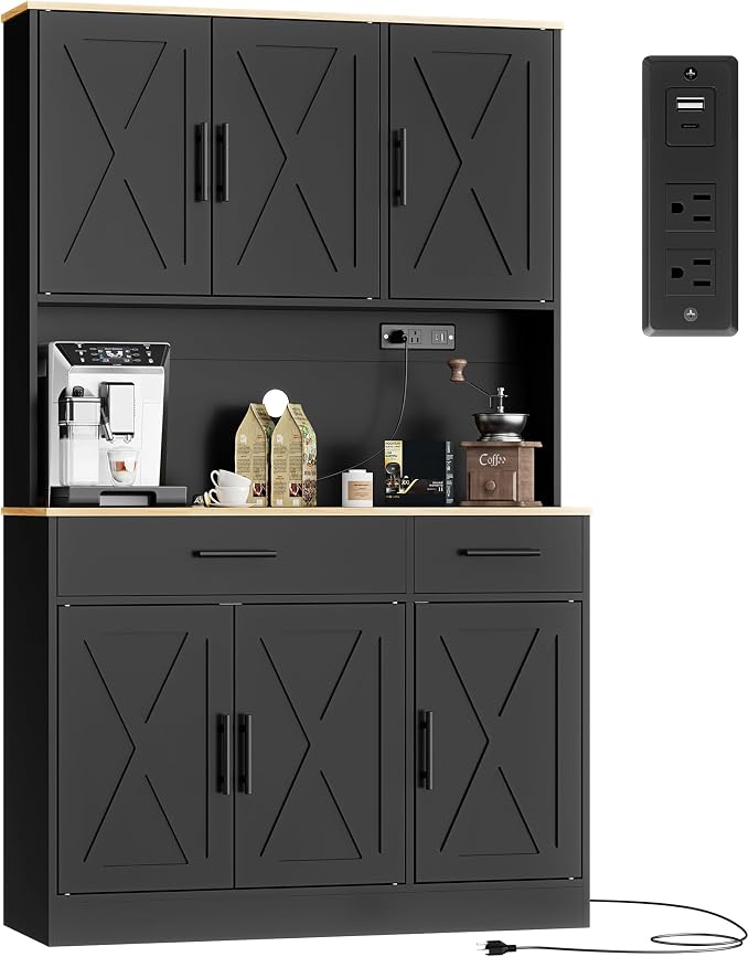 Shintenchi Pantry Cabinet with Charging Station, 70” Tall Kitchen Storage Cabinet with Microwave Stand, Storage Drawers & Adjustable Shelves, Large Capacity Kitchen Hutch for Dining Room, Black