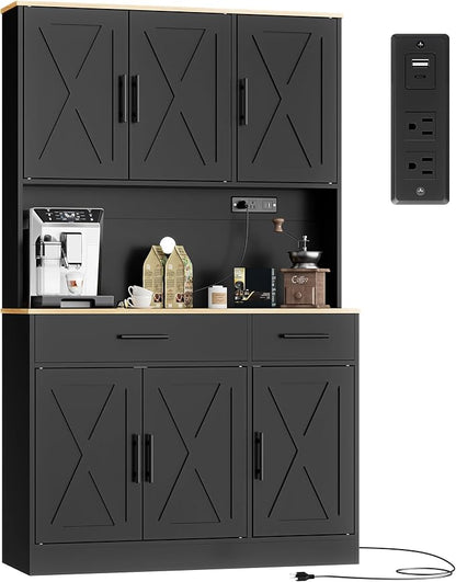 Shintenchi Pantry Cabinet with Charging Station, 70” Tall Kitchen Storage Cabinet with Microwave Stand, Storage Drawers & Adjustable Shelves, Large Capacity Kitchen Hutch for Dining Room, Black