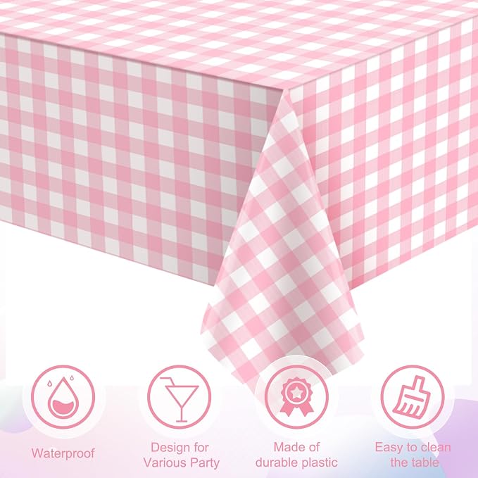 3Pcs Pink Gingham Tablecloths, Checkered Party Table Covers 54x108 In | Pink and White Checkered Tablecloths Disposable Waterproof for Baby & Bridal Shower Picnic Camping Girls Birthday Party