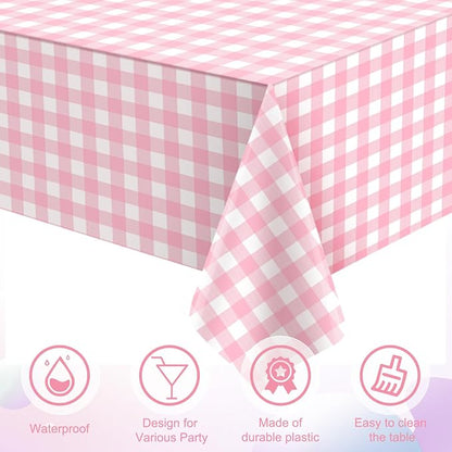 3Pcs Pink Gingham Tablecloths, Checkered Party Table Covers 54x108 In | Pink and White Checkered Tablecloths Disposable Waterproof for Baby & Bridal Shower Picnic Camping Girls Birthday Party