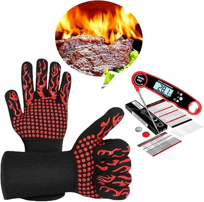 Heat Resistant Gloves BBQ Grilling Gloves for Men Women Kitchen Gloves Up to 1472°F+ Meat Thermometer Probe Auto-Off for Barbecue,Grill,Cooking, Baking, Cutting
