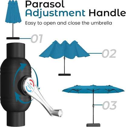 DomeShade 15FT Extra Large Patio Umbrella with Base, Double-Sided Outdoor Rectangular Market Umbrella with Stand,Heavy Duty Outside Sun Umbrella for Backyard,Poolside,Patio Furniture,Teal Blue