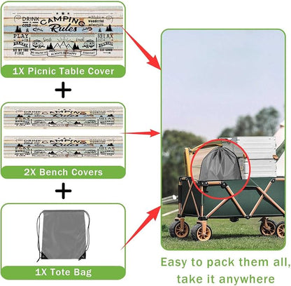 JAWO Wooden Plank Camping Camper Picnic Table Cover with Bench Covers, Camper RV Essentials Gear Supplies Outdoor Waterproof Windproof Tablecloth with Elastic, 30X96in