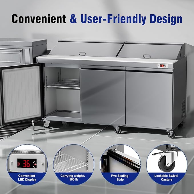 72" W Commercial Sandwich Salad Prep Table Refrigerator, Stainless Steel Refrigerated Salad Bar Food Prep Station with 18 Pan, Cutting Board, Ajustable Shelves for Restaurant, Food Truck, Buffet