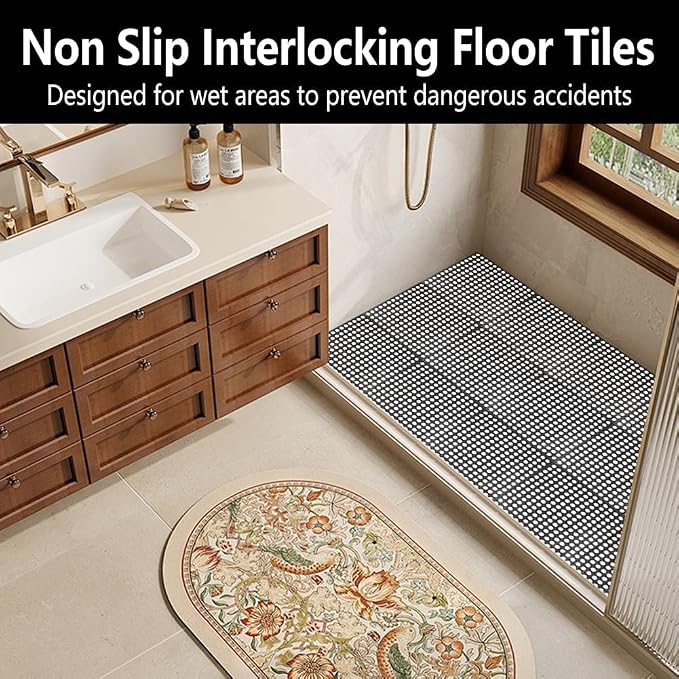 15 Pack Garage Floor Tiles, 12x12 Inch Interlocking Drainage Tiles | Non-Slip Deck Tile for Bathroom, Pool Deck, Gym, Garage, Kitchen & Wet Areas, Easy Splicing Anti-Fatigue Mat ( Black)