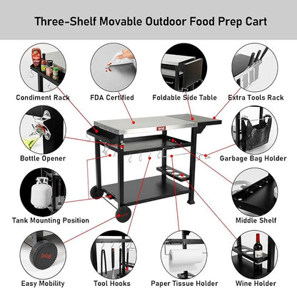 Feasto 40x26 Outdoor Grill Cart, Stainless Steel Tabletop, 3-Shelf Rolling | Pizza Oven Table, Pizza Oven Stand, BBQ Grill with Wheels for Food Prep, Outdoor & Indoor, Dining, Kitchen Cart Table
