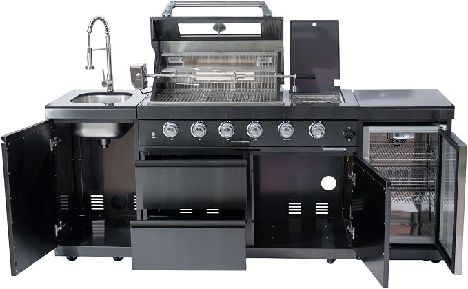 85 Inch 4-Burner 72000 BTU Natural Gas Outdoor Kitchen Island with Grill, Wine Cooler, Rotisserie Kit, Granite Countertops, Stainless Steel Sink, For Patio, Lawn, Backyard, Black