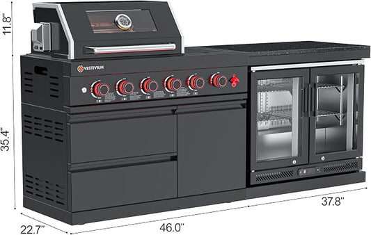 SERA C 4-Burner Propane Modular Outdoor Kitchen with Fridge Black | Black 304 stainless steel, 75,300 BTU + side burner, 68L fridge 0-10°C, soft-close, locking casters, compact patio backyard