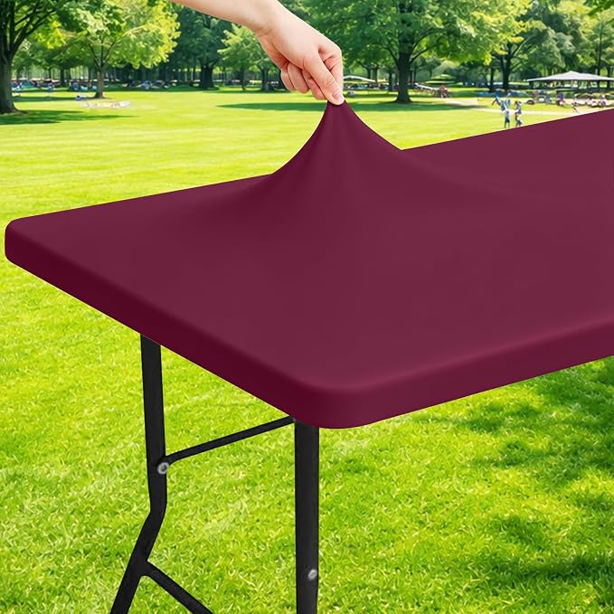 Moosfor Spandex 5 Foot Rectangle Table Cloth, Elastic Fitted Tablecloths for Picnic, Stretch Washable Patio Table Cover for Outdoor, Camping, Banquet and Parties (Jujube Red, 30"x60")