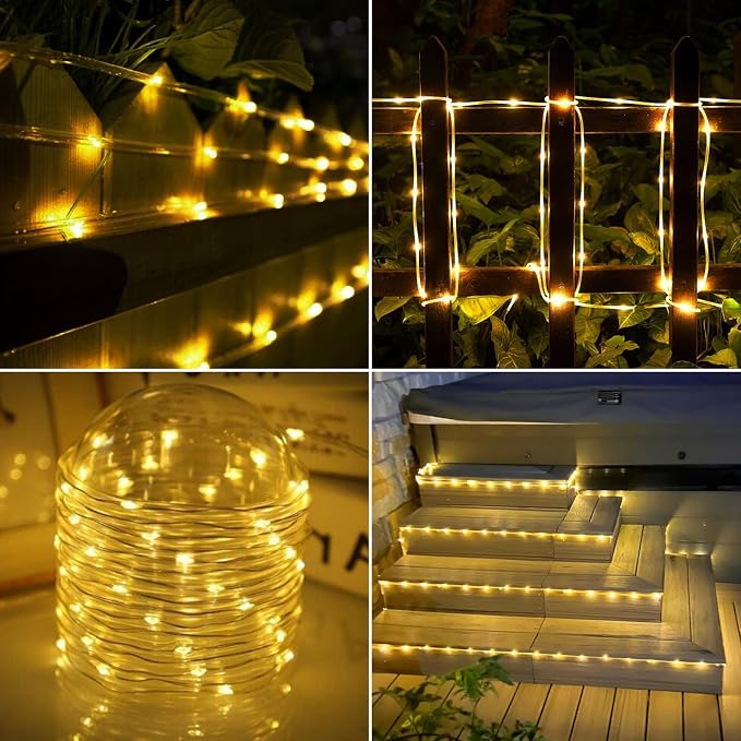 Solar Rope Lights, 2 Packs Total 132ft 400LED Solar String Lights, 8 Modes Waterproof Solar Outdoor Light, Flexible Clear Trampoline Light for Garden Backyard Patio Deck Pool Tree Decor - Warm White