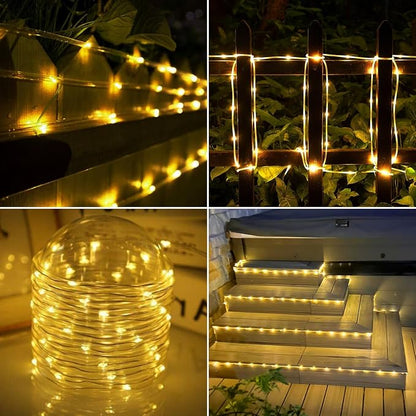 Solar Rope Lights, 2 Packs Total 132ft 400LED Solar String Lights, 8 Modes Waterproof Solar Outdoor Light, Flexible Clear Trampoline Light for Garden Backyard Patio Deck Pool Tree Decor - Warm White