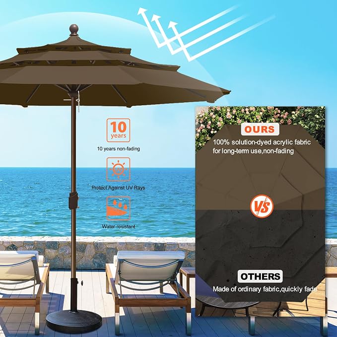 Eurmax USA 10-Year-Non-Fading 10FT 3-Tier Outdoor Patio Market Umbrella,UPF50+ UV Resistant,Heavy Duty Commercial Grade,Crank Lift Design,Windproof Vented Top for Garden,Pool,Deck,Chestnut