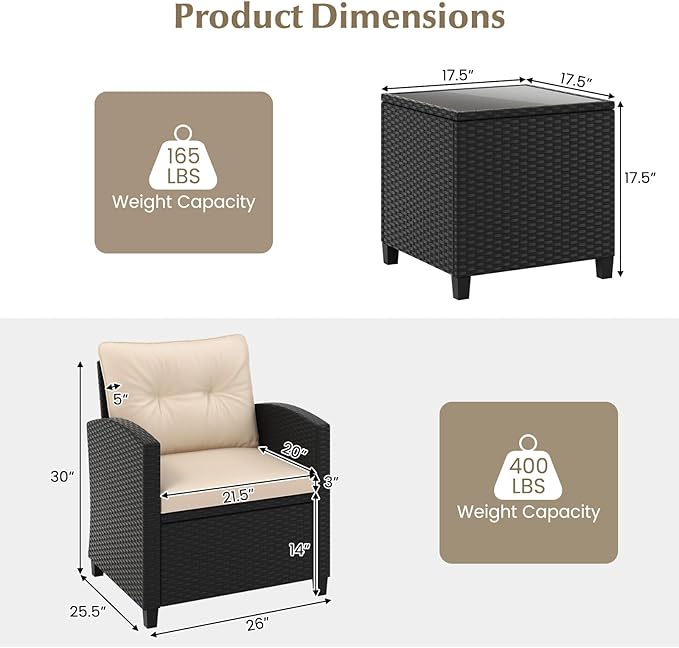 HAPPYGRILL 3 Pieces Wicker Patio Conversation Set, PE Rattan Bistro Sofa Set with Tempered Glass Coffee Table, Washable Cushions, Outdoor Furniture Set for Garden Poolside Balcony (Beige)