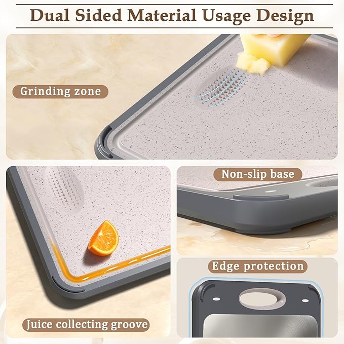 GUANCI Stainless Steel Cutting Board for Kitchen, Non Toxic 2-in-1 Double Sided Design, 304 Food Grade Stainless Steel & Wheat Straw PP, Durable Chopping Board for Meat & Vegetables, 14×9.6 Inch