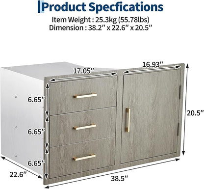 PeakPursuit Stainless Steel Outdoor Kitchen Door Drawer Combo - Triple Drawers & Access Door, Propane Storage & Adjustable Garbage Ring, Weather-Resistant Flush Mount, 38.2" W x 22.6" D x 20.5" H