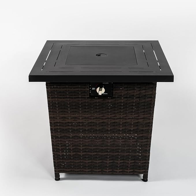 KEIKI 28 Inch Wicker Propane Fire Pit Table, Square Outdoor Gas Firepit with Rattan Base, 50000 BTU Patio Heater with Lid and Lava Rocks