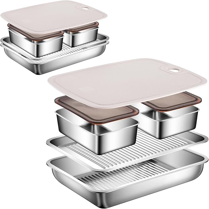 2-Set Drip EZ BBQ and Meal Prep Tub, Grill Carry System, Grill Prep Tray for Serving, Meat Platter with Cutting Board for Outdoor Grill, Marinating Container with Lid, Stainless Steel