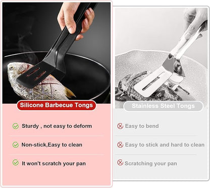 Silicone BBQ Tongs, Stainless Steel Clamp for Grilling & Salad | 11" silicone kitchen tongs, stainless steel BBQ clamp, multipurpose for bread, steak, fish & salad, heat-resistant & non-slip
