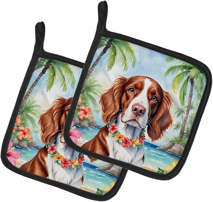 Caroline's Treasures Welsh Springer Spaniel Luau Pair of Pot Holders Kitchen Heat Resistant Pot Holders Sets Oven Hot Pads for Cooking Baking BBQ, 7 1/2 x 7 1/2