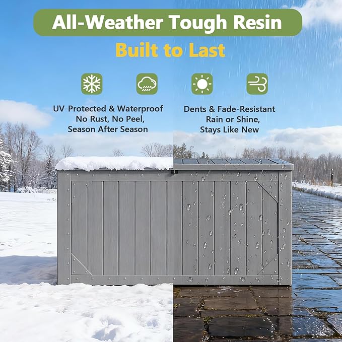 Outdoor Storage Box, 95 Gallon Deck Box Outdoor Storage Bench, Outside Waterproof Resin Storage Bench, Lockable Patio Cushions, Garden Tools Storage for Furniture, UV Resistant (Gray)