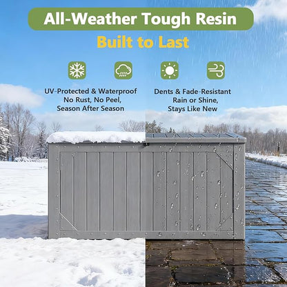 Outdoor Storage Box, 95 Gallon Deck Box Outdoor Storage Bench, Outside Waterproof Resin Storage Bench, Lockable Patio Cushions, Garden Tools Storage for Furniture, UV Resistant (Gray)