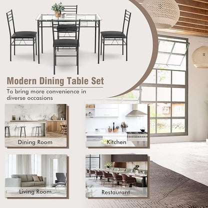 Tangkula Dining Table Set, 5 Pieces Dining Set with Tempered Glass Top Table and 4 Chairs, Kitchen Dining Room Furniture, Black