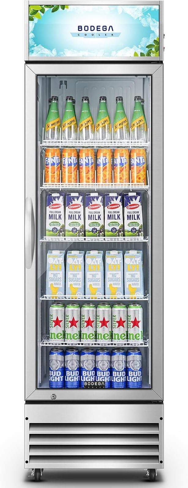 BODEGACOOLER Commercial Merchandiser Refrigerator, 12.5 Cu.Ft Glass Door Display Cooler, Upright Beverage Refrigerator with Soft LED Light, Adjustable Shelves, 4 Heavy-Duty Stainless Steel Casters