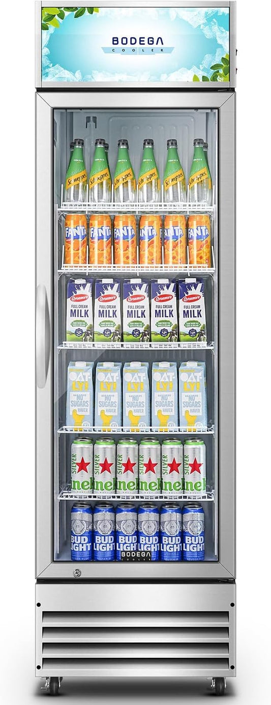 BODEGACOOLER Commercial Merchandiser Refrigerator, 12.5 Cu.Ft Glass Door Display Cooler, Upright Beverage Refrigerator with Soft LED Light, Adjustable Shelves, 4 Heavy-Duty Stainless Steel Casters