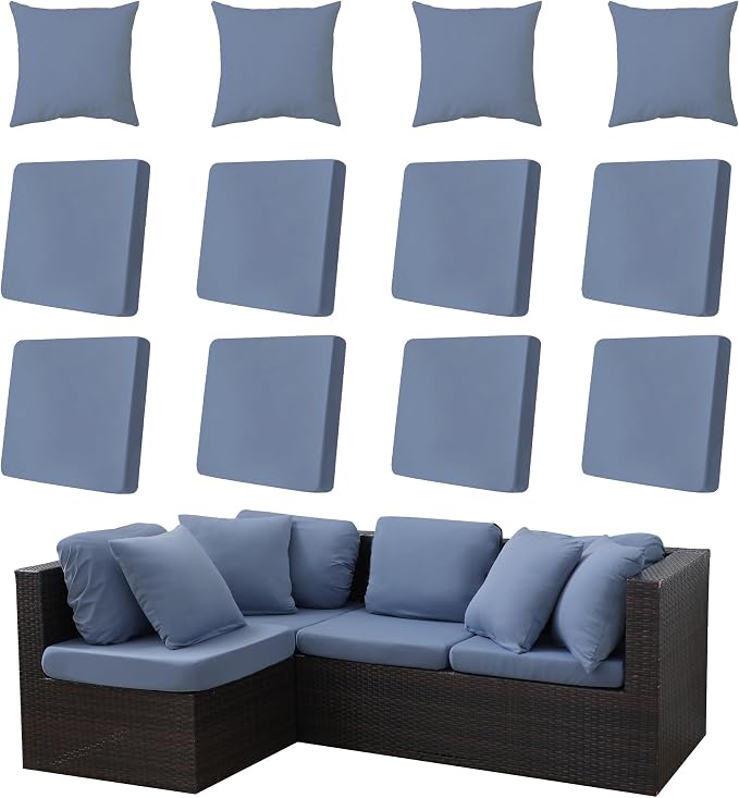Outdoor Cushion & Pillow Cover Set, 8 Seat Covers + 4 Pillow Covers | Stretch Fit, Replacement, Washable and Reusable Furniture Protectors, Fits most patio furniture cushion covers, Cover Only