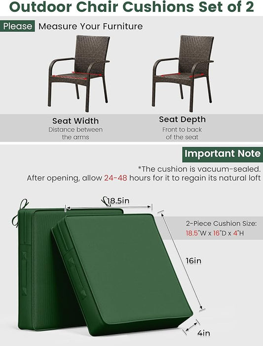 Outdoor Chair Cushion 18.5 x 16 x 4 Inches Patio Furniture Outdoor Waterproof Seat Cushion, Patio Chair Cushion with Handles and Ties, Square Dining Chair Cushion Set of 2, Green