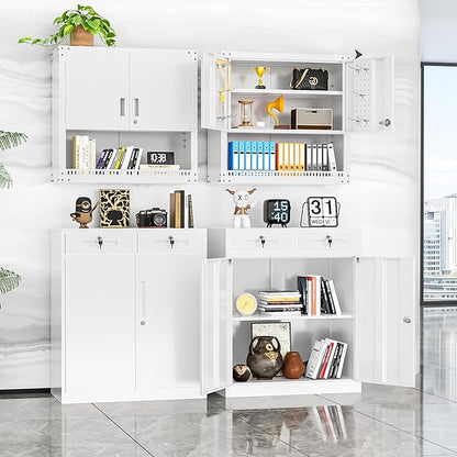 INTERGREAT Metal Storage Cabinet with Drawers, 36”H Lockable Office Storage Cabinets with 2 Doors and Adjustable Shelves, White Steel File Cabinet for Home Office, Garage, School, Apartment(White)