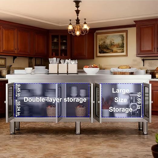 70" Stainless Steel Table Cabinet Heavy Duty Prep Table with 304 Stainless Steel Worktop and 5 Glass Doors Commercial Worktable Workbench with Storage Cabinet for Kitchen Garage Restaurant Outdoor