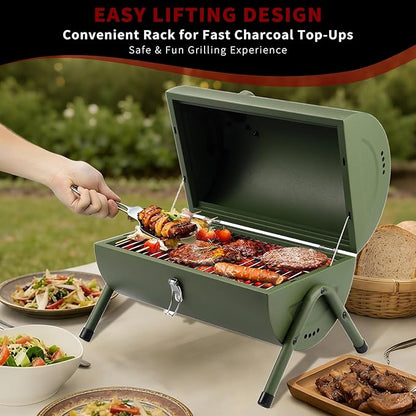 Portable Charcoal Grill, Tabletop Outdoor Barbecue Smoker, Small BBQ Grill for Outdoor Cooking Backyard Camping Picnics Beach by DNKMOR GREEN