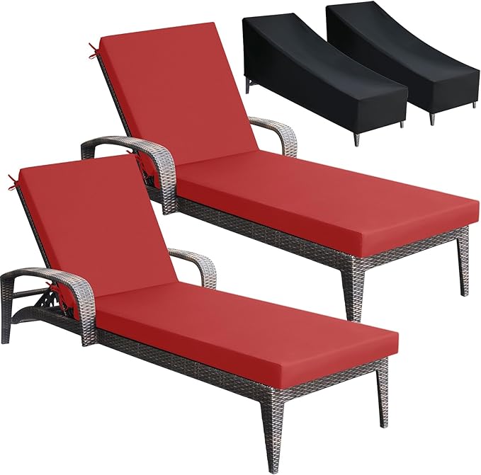 Patelai 2 Set Outdoor Chaise Lounge Cushions with Chair Covers, 70 x 21 x 3 Inch Waterproof Sun and Fade Resistant Thick Replacement Lounge Chair Cushions with Pockets for Patio Poolside (Red)