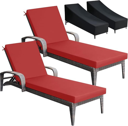 Patelai 2 Set Outdoor Chaise Lounge Cushions with Chair Covers, 70 x 21 x 3 Inch Waterproof Sun and Fade Resistant Thick Replacement Lounge Chair Cushions with Pockets for Patio Poolside (Red)
