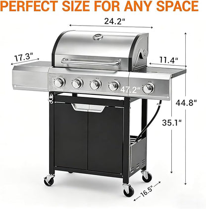 EUHOME 51,000 BTU 4-Burner Propane Gas Grill with Side Burner – Large 452 sq.in Stainless Steel BBQ Grill, Enameled Cast Iron Grates, 4 Swivel Casters & Protective Cover for Backyard Patio Family