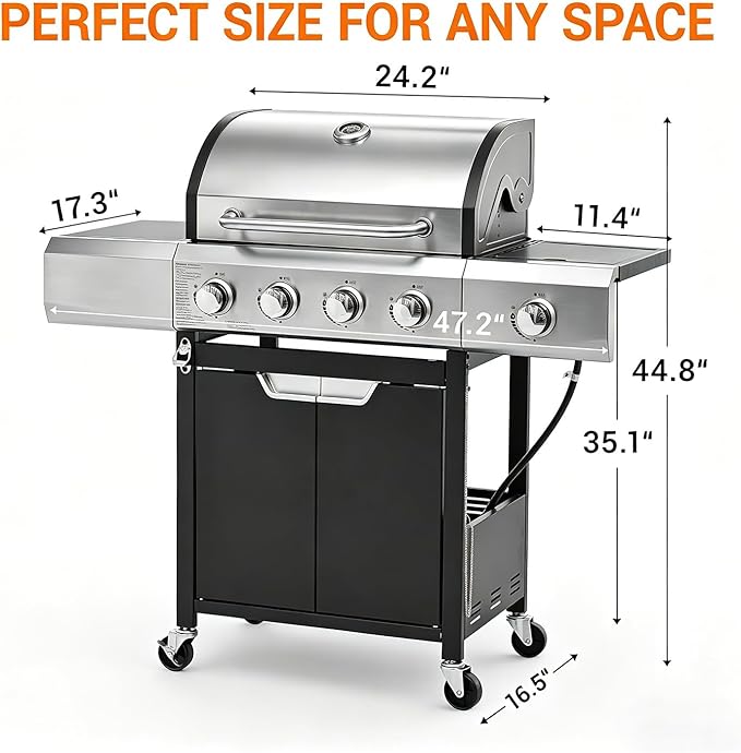 EUHOME Upgraded 51,000 BTU 4-Burner Propane Gas Grill with Side Burner – Large 452 sq.in Porcelain-Enameled Cast Iron Grates, Stainless Steel Body, 4 Swivel Casters for Backyard Patio & Tailgating