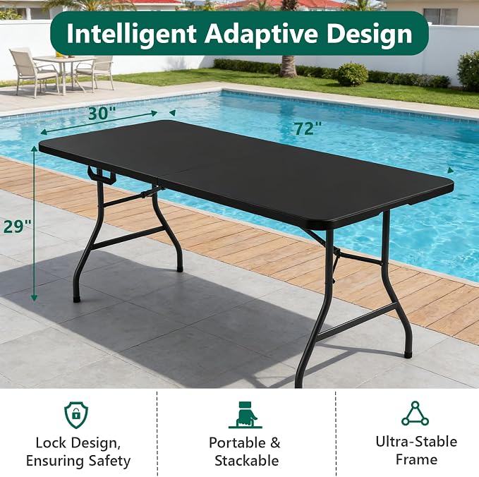 2 Pack 6FT Folding Table, Foldable Picnic Table with Carrying Handle, Heavy Duty Fold-in-Half Portable Table for Weddings, Camping, RV Travel, Parties, BBQs, Easy to Fold and Store, Black