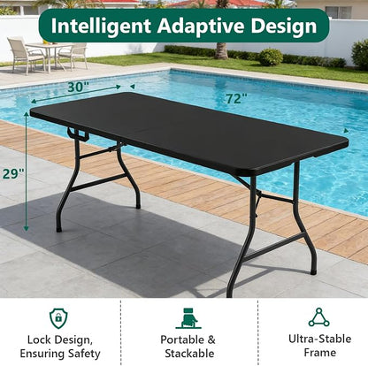 Folding Table, 6FT Foldable Picnic Table with Carrying Handle, Heavy Duty Fold-in-Half Portable Table for Weddings, Camping, RV Travel, Parties, BBQs, and Indoor Use, Easy to Fold and Store, Black