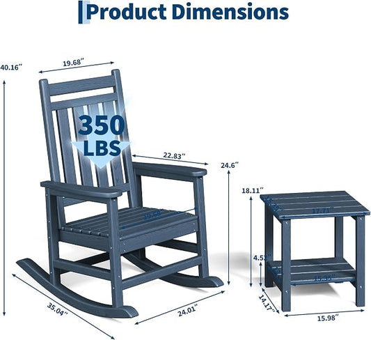 Garvee HDPE Rocking Chair Outdoor Set of 4 with 2 Side Table - Poly High Back Porch Rocker Chairs for Adults - All Weather Resistant Furniture for Patio Front Porch - Navy Blue