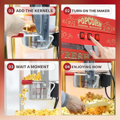 20 Oz Popcorn Machine with Cart, Vintage Movie Theater Style Pop Corn Popper with 16" Bicycle-Style Wheels & a Cabinet for Home Theater, Parties, Events, Red