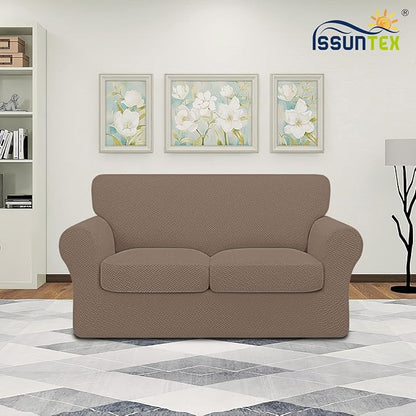 ISSUNTEX 3 Pieces High Stretch Thicken Loveseat Couch Covers, Soft Sofa Slipcover for 2 Separate Cushion Couch, Jacquard Fabric Elastic Sofa Cover Furniture Protector for Dogs (Loveseat, Camel)