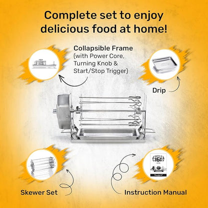 ROTO-Q 360 Non-Electric Rotisserie Kit with 10-Piece Skewer Set - Cordless Spit Roaster for Grills, Ovens, Smokers, BBQs - Indoor & Outdoor Cooking (Black)