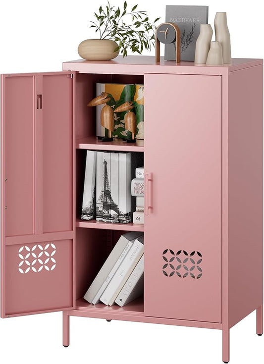 Metal Storage Cabinet with Vented Doors, Metal Sideboard Cabinet with 2 Adjustable Shelves, Freestanding Pink Accent Locker for Home,Dorm, Nursery,Assembly Required